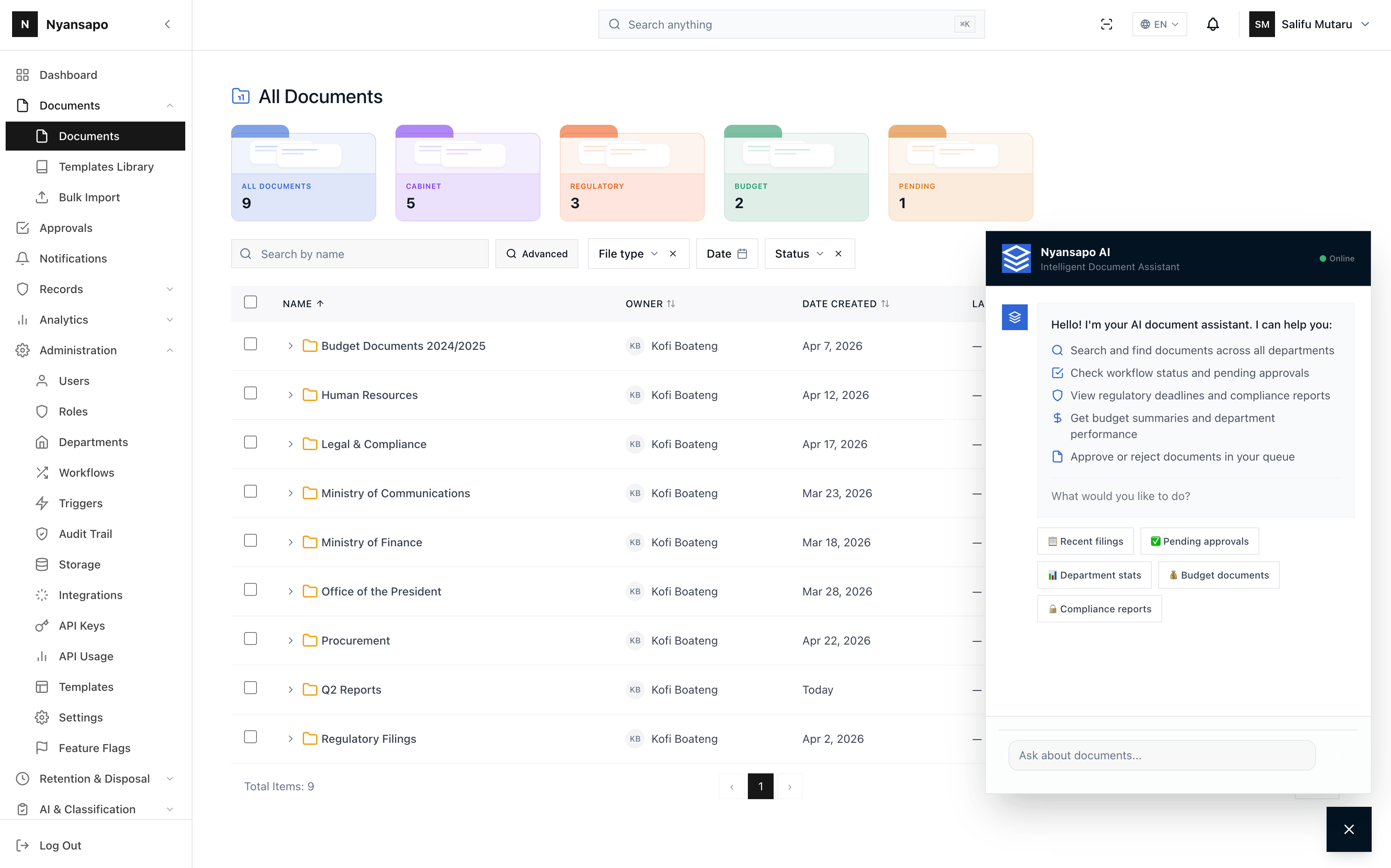 Nyansapo AI desktop interface showing document management dashboard with sidebar navigation, folders, analytics, and AI assistant